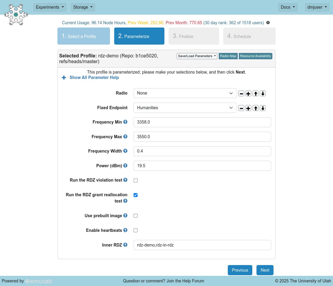 RDZ-in-RDZ Smart Transmitter Experiment Parameters